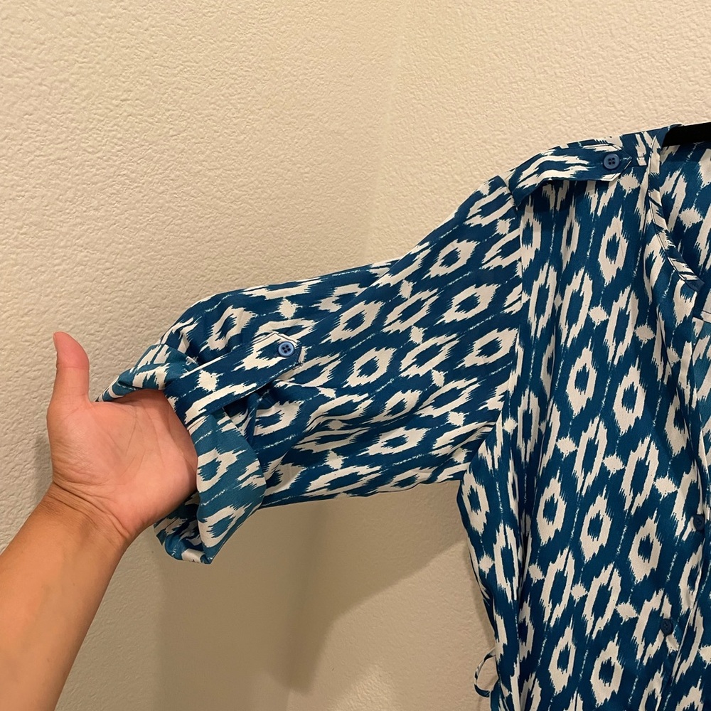Maeve Anthropologie Ikat Print Shirt Dress Medium Blue White Belted - Picture 6 of 10